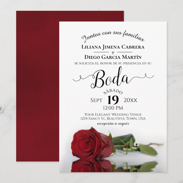 Rote Rose Romantische Spanische Hochzeit Einladung (Vorne/Hinten)