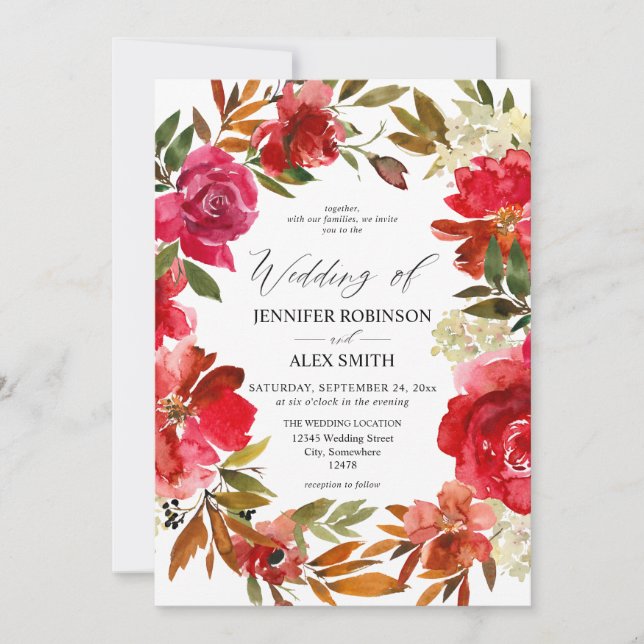 Rote Rose & Rosa Bläserei 2 Einladung zur Hochzeit (Vorderseite)