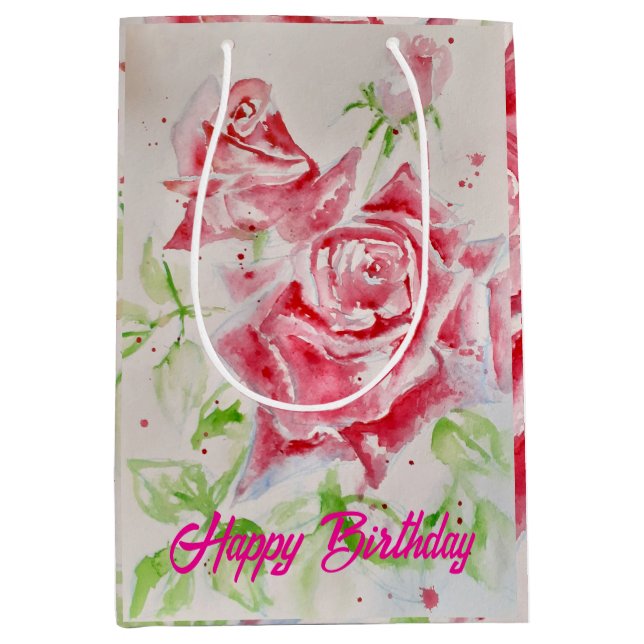 Rote Rose Rose Aquarellfarben Blume Blumenrosa Mittlere Geschenktüte (Vorderseite)