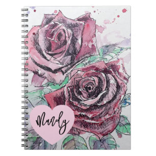 Rote Rose Rosen Aquarell-Blume Frauenname Notizblock