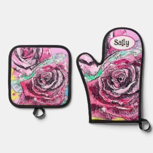 Rote Rose Rosen Aquarell Blumen Blüten Blume Ofenhandschuh & Topflappen-Set
