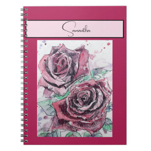 Rote Rose Rosen Blumen Wasserfarbe Floral Lila Kun Notizblock