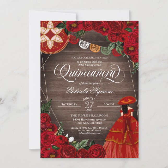Rote Rose Rustic Charra/Mariachi Kleid Quinceañera Einladung (Vorderseite)
