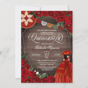 Rote Rose Rustic Charra/Mariachi Kleid Quinceañera Einladung