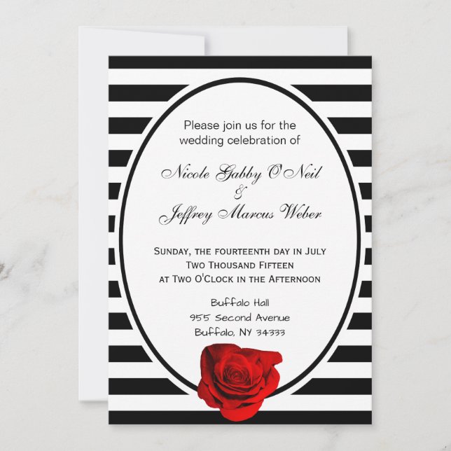 Rote Rose Schwarz-Weiß Streifen Hochzeit Einladung (Vorderseite)