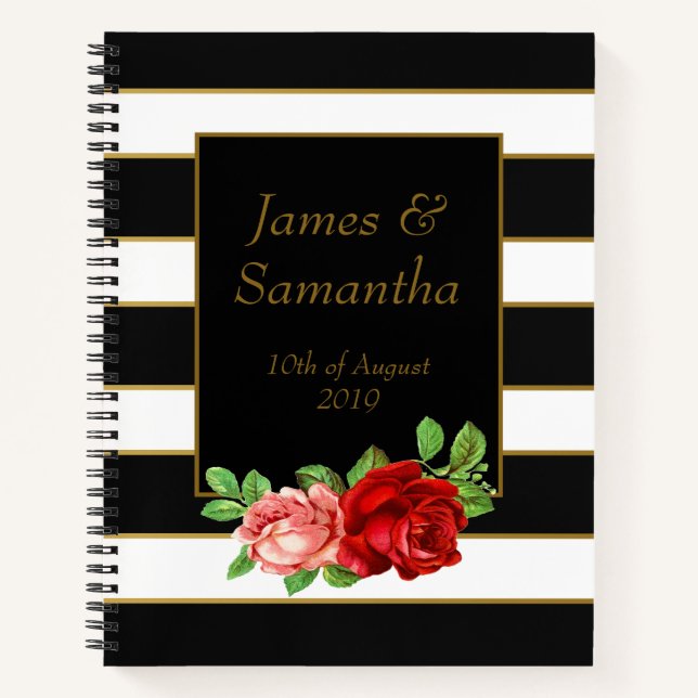 rote Rose, Schwarz, Weiß und Gold Streifen - Plane Notizbuch (Vorderseite)