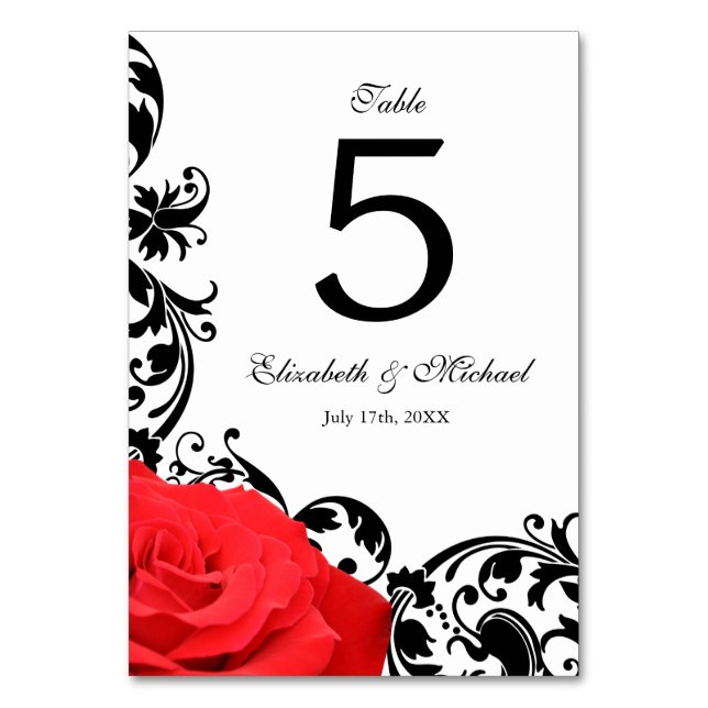 Rote Rose Schwarze Blütenhochzeit Tischnummer (Vorderseite)