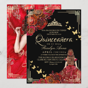 Rote Rose Schwarzes Gold Schmetterling Quinceañera Einladung