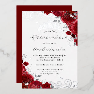 Rote Rose Silber Blumen Schwirl Quinceanera   Folieneinladung