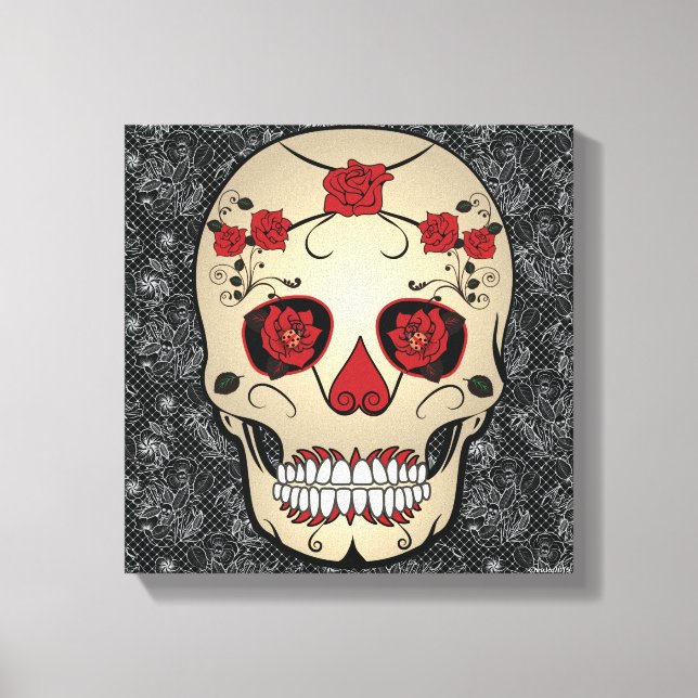 Rote Rose Skull Art Wohngestaltung Day of the Dead Leinwanddruck (Vorderseite)