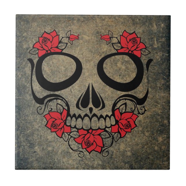 Rote Rose Skull Fliese (Vorderseite)