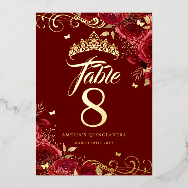 Rote Rose Swirl Quinceanera Gold Tischnummer (Vorderseite)