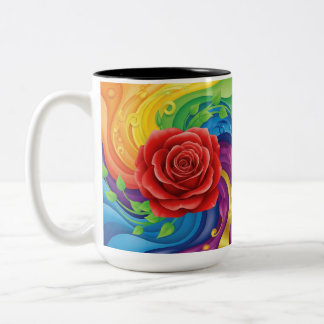 Rote Rose über den Abstrakten Regenbogenuntergrund Zweifarbige Tasse