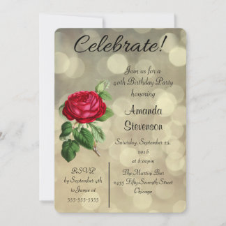 Rote Rose über die Golden Bokeh Lichter Geburtstag Einladung