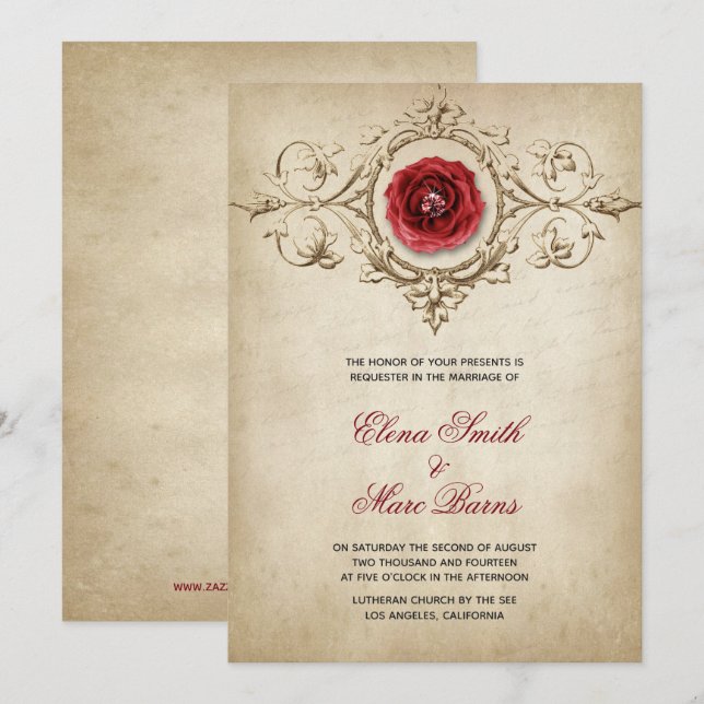 Rote Rose und Beige-Zierhochzeit Einladung (Vorne/Hinten)