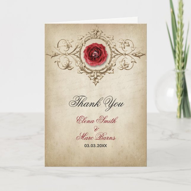 Rote Rose und Dekoration Dankeskarte (Vorderseite)