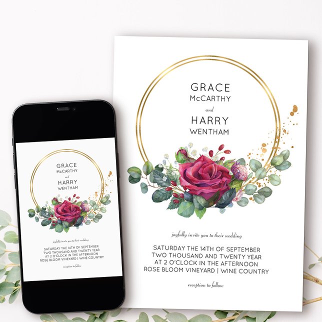 Rote Rose und Eukalyptus Gold Frame Wedding Einladung (Elegant floral wedding invitation from my Red Rose and Eucalyptus collection)