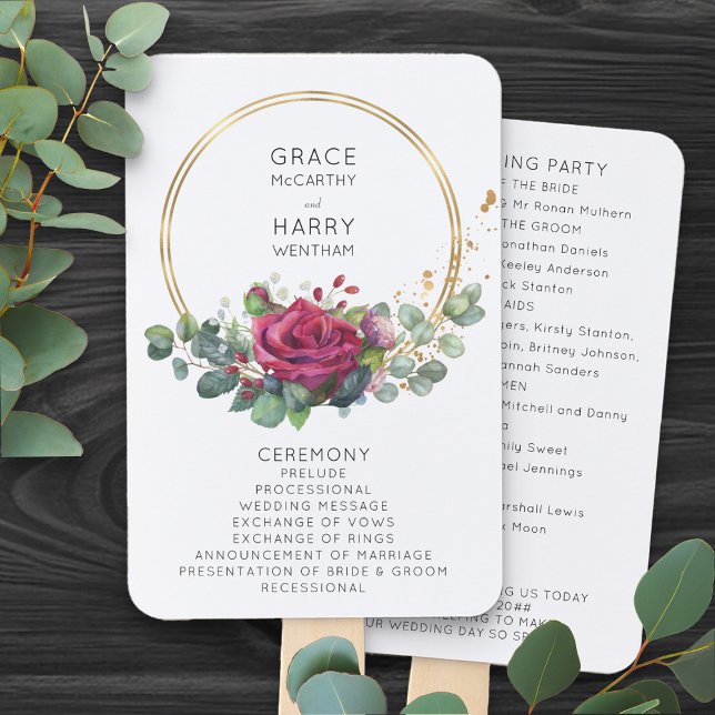 Rote Rose und Eukalyptus Hochzeitsprogramm Handfäc Fächer (Romantic floral wedding program fans from my Red Rose and Eucalyptus Wedding Collection)