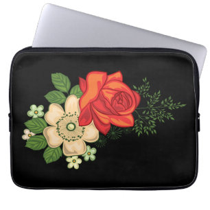 Rote Rose und Gänseblümchen schwarzer Hintergrund Laptopschutzhülle