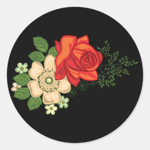 Rote Rose und Gänseblümchen schwarzer Hintergrund Runder Aufkleber