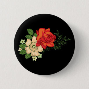Rote Rose und Gänseblümchen vor schwarzem Hintergr Button