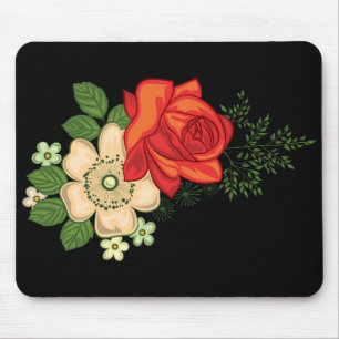 Rote Rose und Gänseblümchen vor schwarzem Hintergr Mousepad