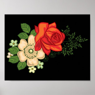 Rote Rose und Gänseblümchen vor schwarzem Hintergr Poster