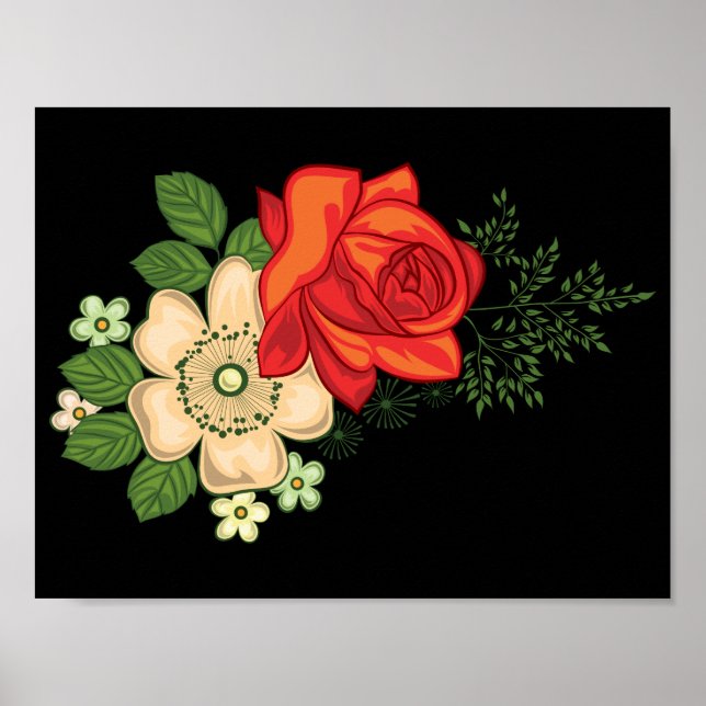 Rote Rose und Gänseblümchen vor schwarzem Hintergr Poster (Vorne)
