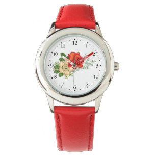 Rote Rose und Gänseblümchen Zifferblatt 1 Schwarz Armbanduhr