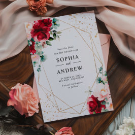 Rote Rose und Gold Aquarellblumen Save the Date Einladung