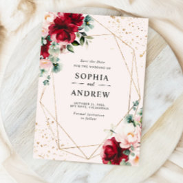 Rote Rose und Gold Aquarellblumen Save the Date Einladung