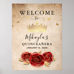 Rote Rose und Goldkrone Elegantes Willkommen Party Poster