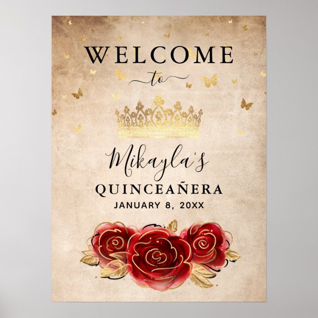 Rote Rose und Goldkrone Elegantes Willkommen Party Poster (Vorne)