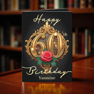 Rote Rose und Goldrausch Nummer 60. Geburtstag Karte