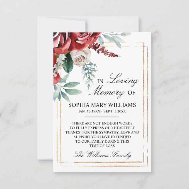 Rote Rose und grüne Blätter Beileid-Speicher Dankeskarte (Vorderseite)