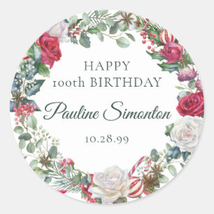 Rote Rose und Holly 100. Geburtstag Elegant Runder Aufkleber