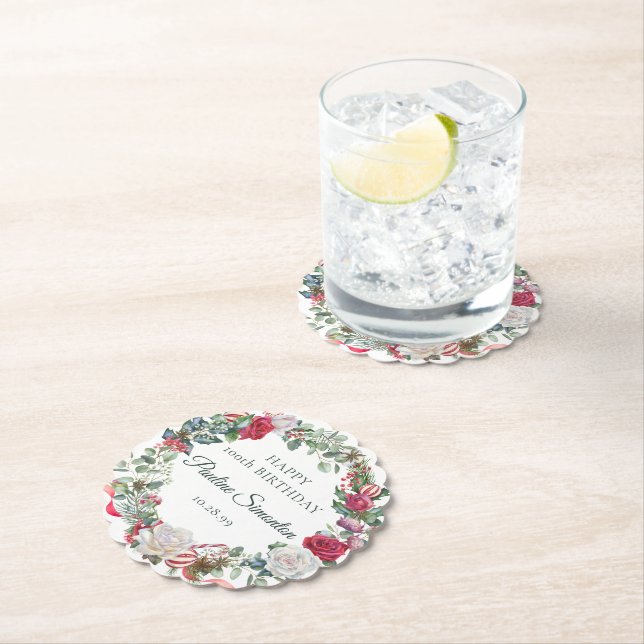 Rote Rose und Holly 100. Geburtstag Elegant Untersetzer (Vor Ort)