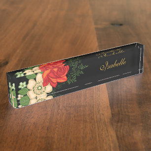 Rote Rose und Personalisierter Name Black Namensplakette