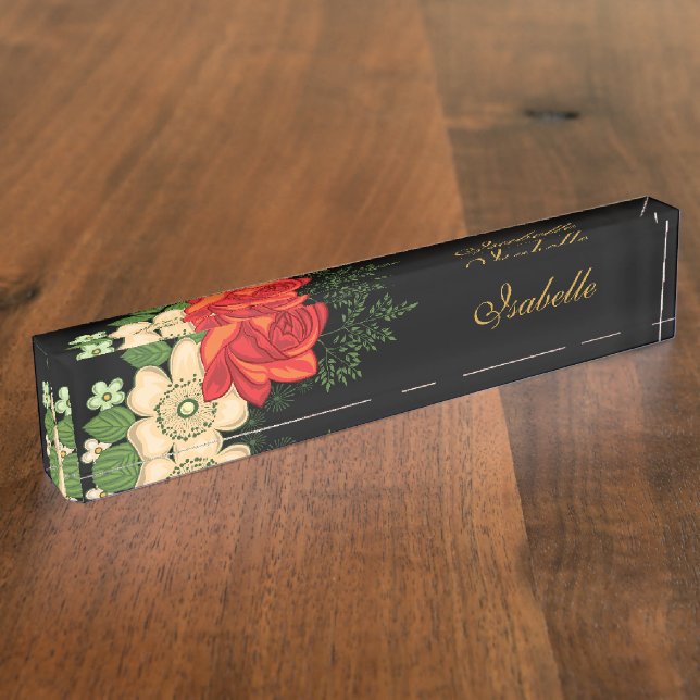 Rote Rose und Personalisierter Name Black Namensplakette (Seite)