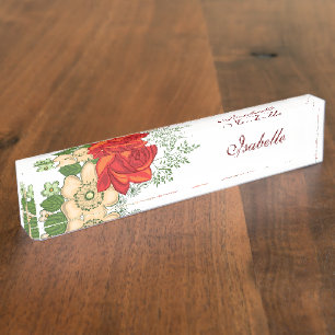 Rote Rose und personalisierter Name für Gänseblümc Namensplakette