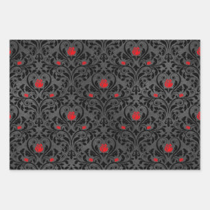 Rote Rose und Schwarzer Damast Geschenkpapier Set