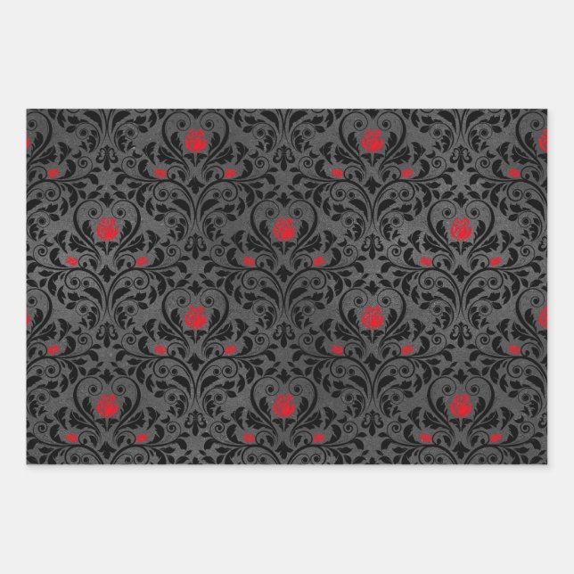 Rote Rose und Schwarzer Damast Geschenkpapier Set (Vorderseite)