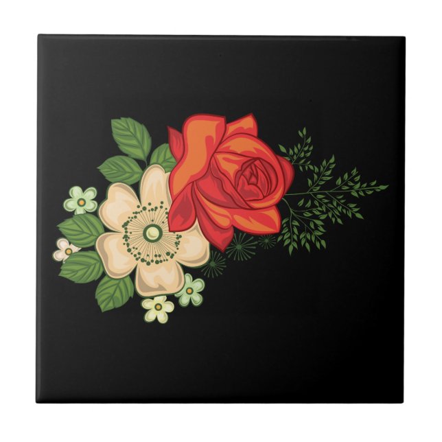 Rote Rose und schwarzer Hintergrund Fliese (Vorderseite)