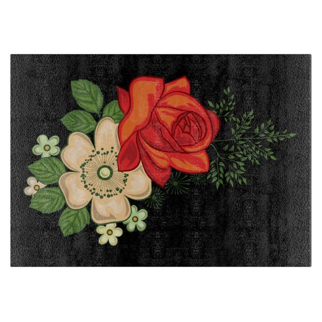Rote Rose und schwarzer Hintergrund Schneidebrett (Vorderseite)