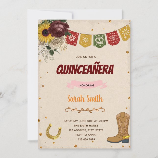 Rote Rose und Sonnenblumen Mis quince Thema Einlad Einladung (Vorderseite)