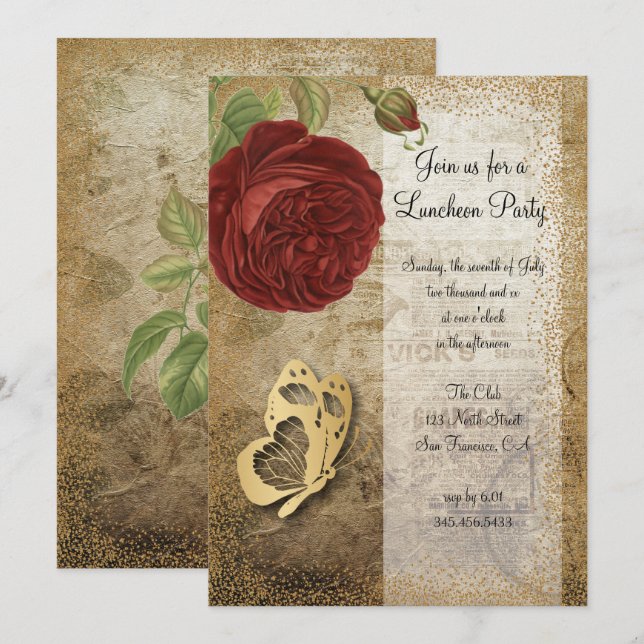 Rote Rose Vintag Garden Party | Einladung (Vorne/Hinten)