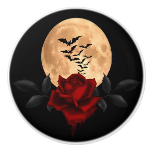 Rote Rose Vollmond und Fledermäuse Keramikknauf
