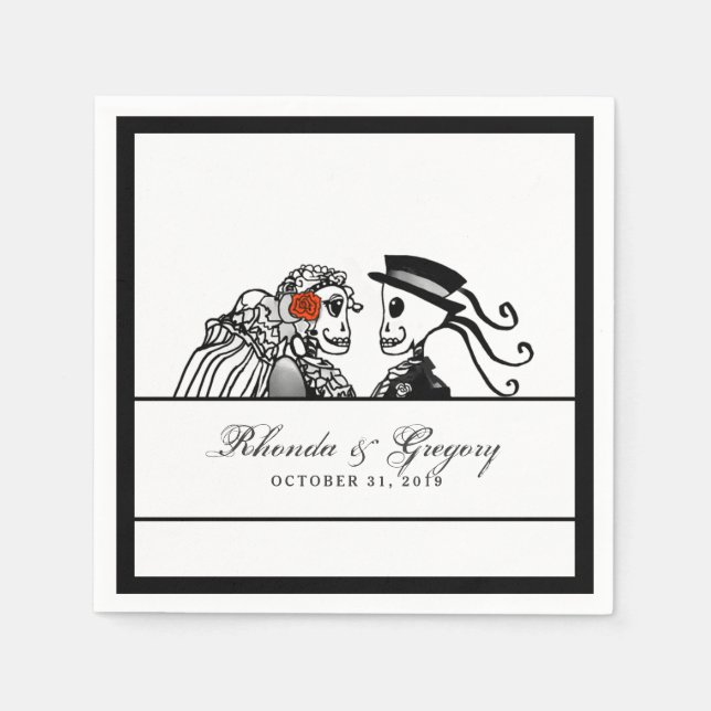 Rote Rose von Braut und Groom-Hochzeitskeletten Serviette (Vorderseite)