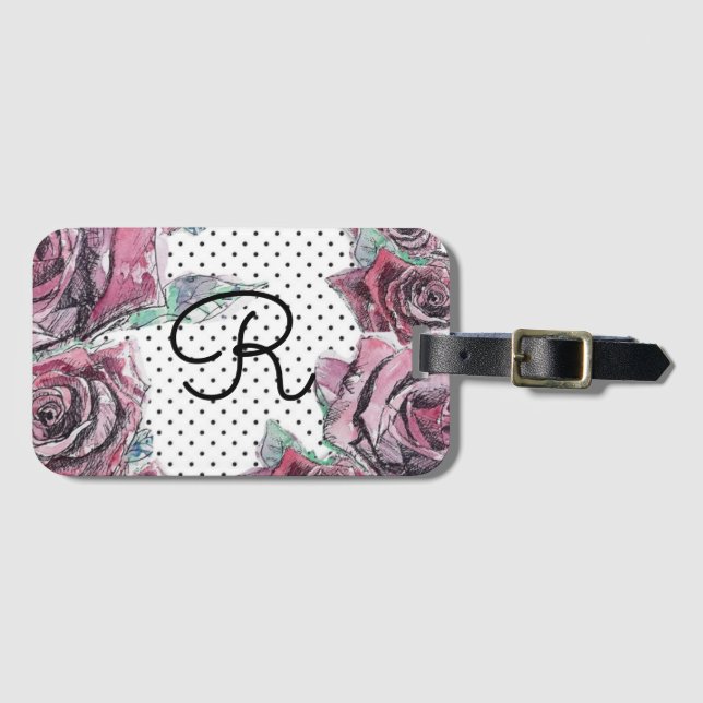 Rote Rose Wasserfarbe Punkte Frauen Anfangskennzei Gepäckanhänger (Vorderseite (Horizontal))