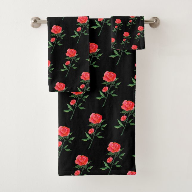 Rote Rose Wasserfarbe Schwarz Badhandtuch Set (Insitu)